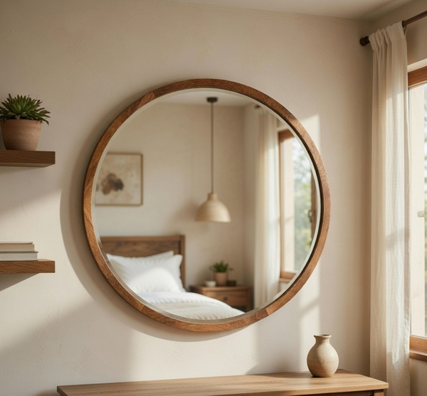 60 cm Round Wall Mirror with Mango Wood Frame with Walnut Finish 